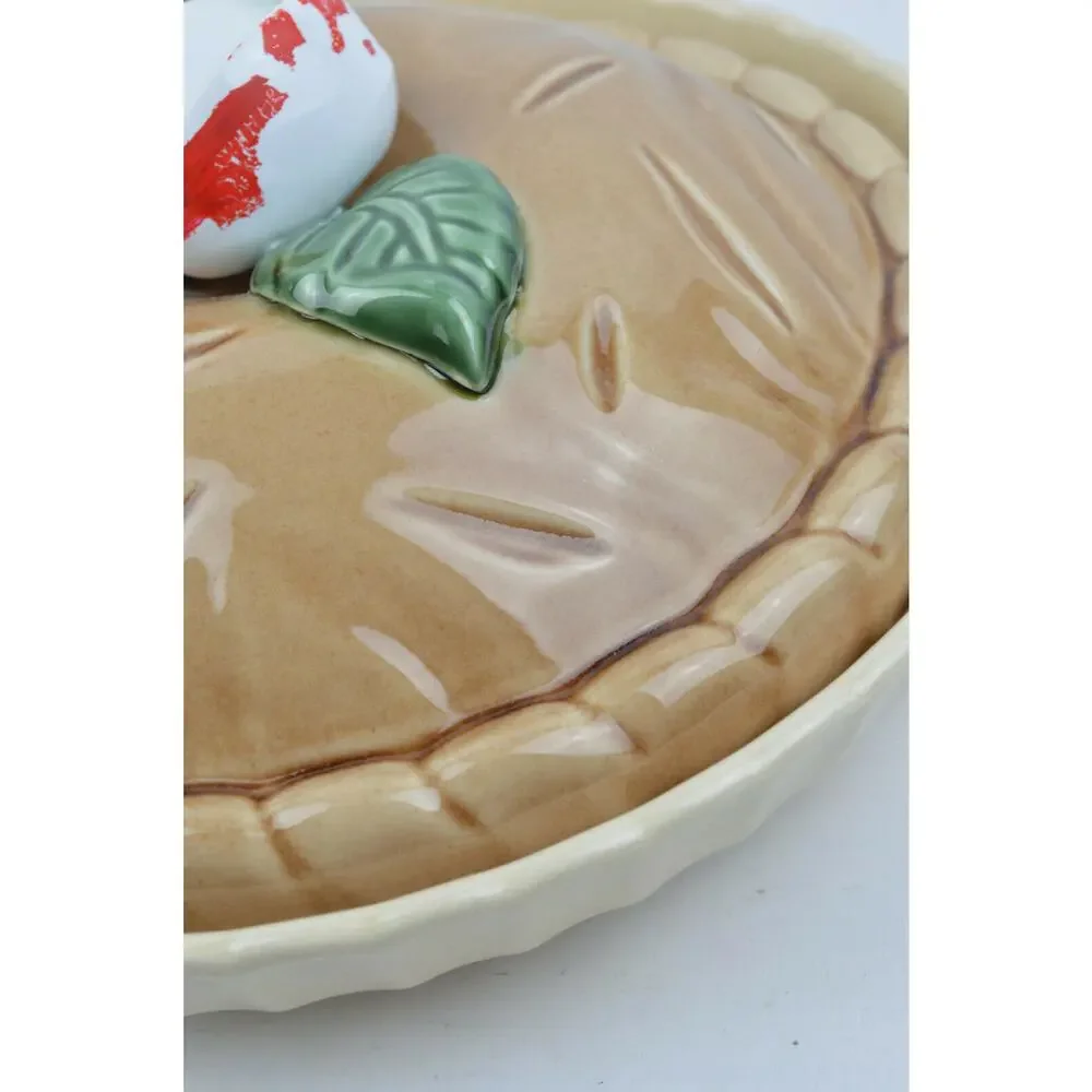 Vintage Ceramic Apple Pie Keeper Strawberry Covered Pie Dish 11x3 Brown Lid 3D